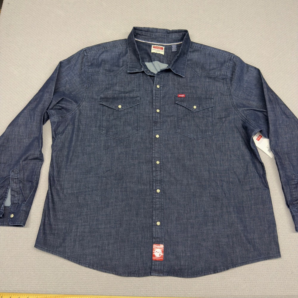 New Wrangler Denim Pearl Snap Shirt Mens 3XL Dark Wash Chambray Western Cowboy